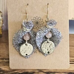 Handmade Earrings Wool Peach Moonstone Gold Tone Upcycled Sustainable Jewelry